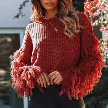 Boże narodzenie Czerwony Sweter z Frędzlami i Rękawami-frędzlami Damskie Seksowne Temat Dzianiny Swetry z Długim Rękawem 2021, Jesienno-Zimowy Damski Sweter