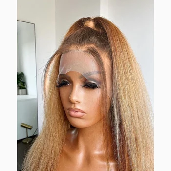 Długi Głęboki Wig 13x4 Perwersyjne Prosto Włókniste Włosów dla Kobiet Afro Ombre Blond Yaki Wig Prostych Włosów